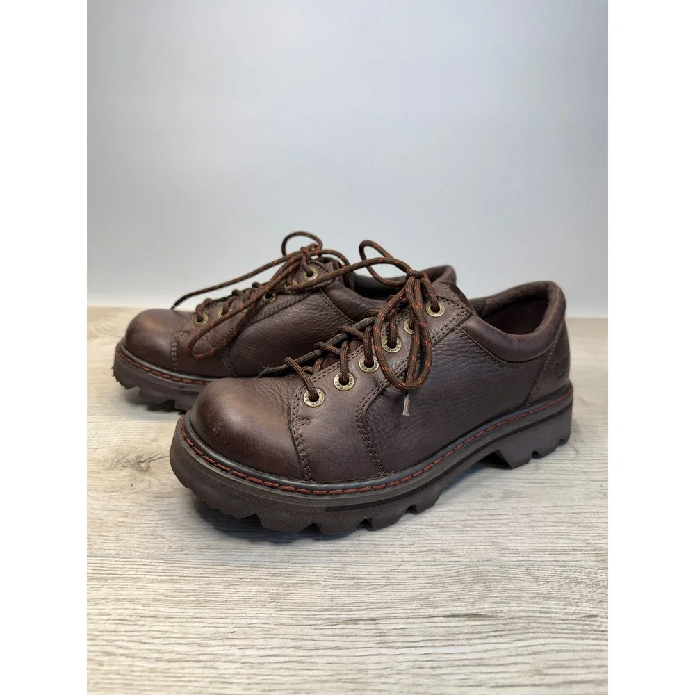Rare 90s CAT Mens 9.5 Oxford Walking Machines Brown Leather Chunky Platform Lug